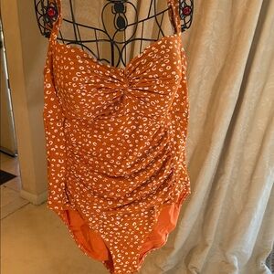 Twist-Front Orange One-Piece Swimsuit with White Print